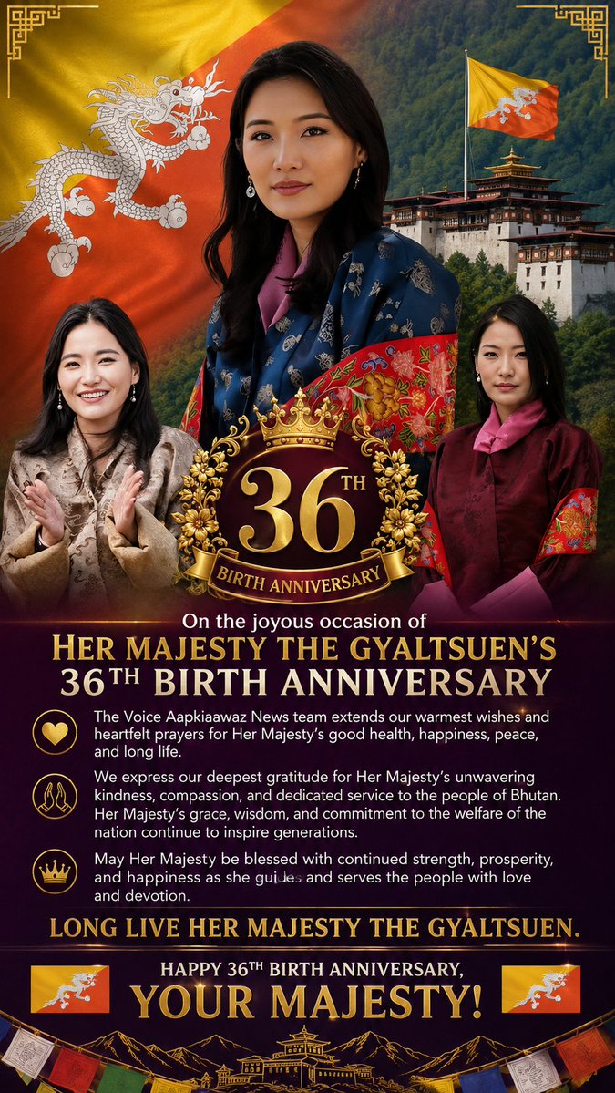 InsightBhutan's tweet photo. Happy 36th Birthday to Her Majesty The Gyaltsuen 🇧🇹👑✨ Your grace &amp; compassion inspire Bhutan. Wishing health &amp; happiness 🙏❤️ #Bhutan #Gyaltsuen #Queen #RoyalFamily #HappyBirthday https://t.co/2U0AB7I4uy