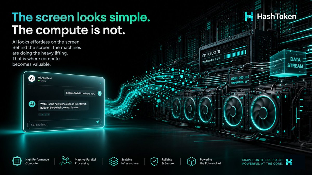 HashToken_Gobal's tweet photo. AI looks effortless on the screen.  Behind the screen, the machines are doing the heavy lifting.  That is where compute becomes valuable. https://t.co/TxCZBd45cc