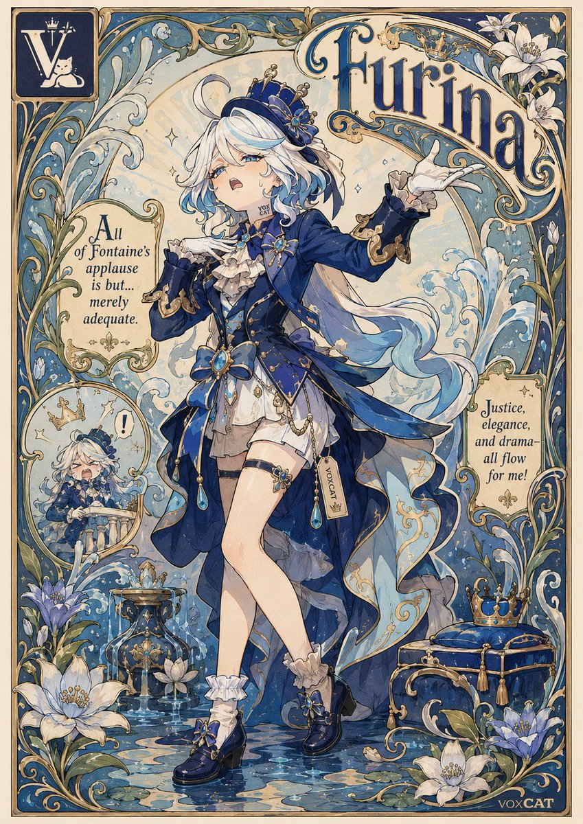 VoxcatAI's tweet photo. Translating a high-recognition character archetype into:

Art Nouveau × European fantasy comics × botanical poster design.

Keep the core silhouette, costume symbols, and identity cues,
but avoid realism, polish, or heroic grandeur.
The goal is not “epic” or “powerful.”
It is a character portrait that thinks it is majestic, mysterious, and intimidating—
but somehow feels awkward, eccentric, and slightly ridiculous.

Ornate borders, curling botanical motifs, vintage poster lettering, exaggerated poses,
plus a touch of humor and satire.
Like a self-appointed grand figure from a fantasy comic poster.