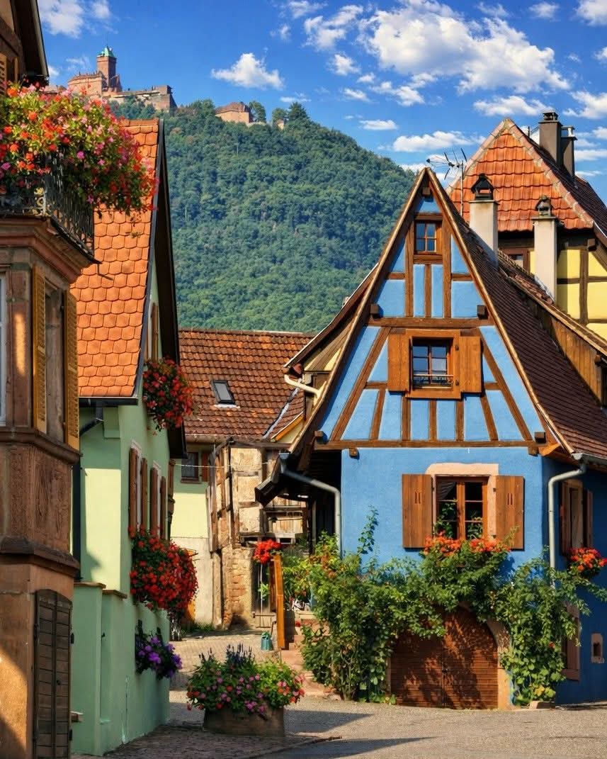 Rubenbauer16's tweet photo. Das Blaue Haus in Sankt Pilt, im Hintergrund die Hohkönigsburg im Elsass in Frankreich 🇫🇷 https://t.co/dvEcY7VmmJ