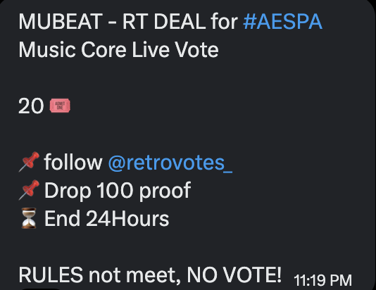 aespaintlvote's tweet photo. MUBEAT - RT DEAL for #AESPA
Music Core Live Vote

20 🎟️

📌 follow @retrovotes_ 
📌 Drop 100 proof
⏳ End 24Hours

RULES not meet, NO VOTE! https://t.co/pEDFAX6awK