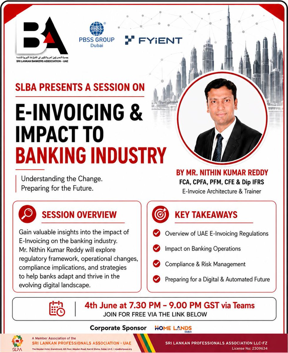 LankanUae's tweet photo. 📢 Free Webinar | E-Invoicing: Impact on the Banking Industry

🔗 Register here:
https://t.co/XUjqeJVFFg

#SLBAUAE #Banking #Finance #EInvoicing #DigitalTransformation #UAEBanking #ProfessionalDevelopment #Webinar #FinTech #LearningAndDevelopment https://t.co/HBctUaiUAo