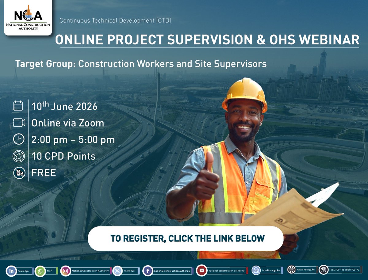 ncakenya's tweet photo. Upcoming Trainings for Next Week:

1. 8th – 9th June 2026 - Regional Induction for Construction Workers https://t.co/4z58UP4rZB

2. 10th June 2026 - Green and Sustainable Construction for all Contractors and Safety Officers  https://t.co/ZfFxTQl0sH https://t.co/1dtfHgpWgD
