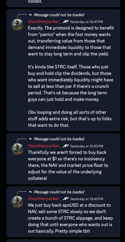 dcfgod's tweet photo. So @apyx_fi is claiming their token is backed by 40% cash and 60% STRC

And each apxUSD has nearly 99c of backing (including strc at 94)

But in reality a ton of it is self minted,  redemptions are off, and team wants this so they can benefit from their users wanting out?

Got interested in buying here but some math isn't mathing