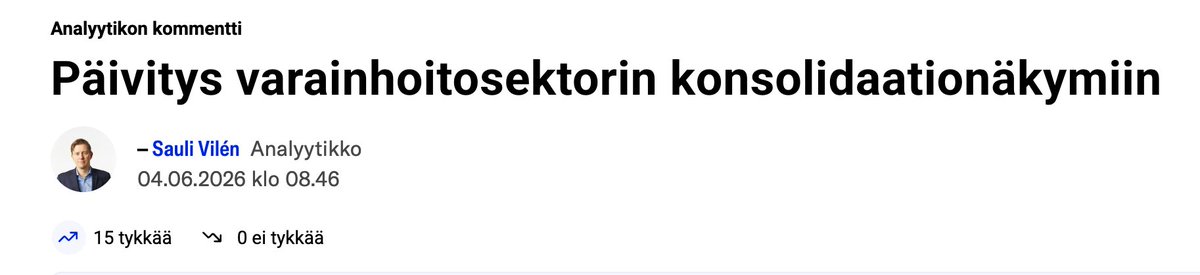 Inderes's tweet photo. Kolmessa vuodessa Suomen varainhoitokentässä on tapahtunut paljon pienempiä järjestelyjä, mutta isommat toimialan mannerlaattoja siirtävät järjestelyt ovat jääneet toteutumatta. Seuraamiemme yhtiöiden pienistä järjestelyistä voidaan mainita mm. Evlin Zenito, CapManin Dasos ja CAERUS sekä UB:n Fourton ja Fondita.

Järjestelyiden ajurit varainhoitosektorilla ovat hyvin selkeät: lisääntyvä regulaatio pakottaa pienempiä toimijoita kasvamaan seuraavaan kokoluokkaan tavalla tai toisella ja lisäksi järjestelyiden synergiapotentiaali on (ainakin Excelissä) ilmeinen. Suomessa on myös verrattain paljon toimijoita joiden perustajat lähestyvät eläkeikää, mikä saattaa toimia sytykkeenä yksittäisille järjestelyille. Lisäksi kasvupotentiaali alkaa yhä useammalla suuremmalla toimijalla olla Suomessa aiempaa rajallisempi, mikä lisää kiinnostusta kansainvälisiin järjestelyihin. Keskeinen haaste järjestelyissä liittyy kulttuureihin ja etenkin suuremmissa fuusioissa kahden vahvan kulttuurin yhteensovittaminen on historiassa osoittautunut kiviseksi tieksi (mm. Taaleri Varainhoito ja Aktia).