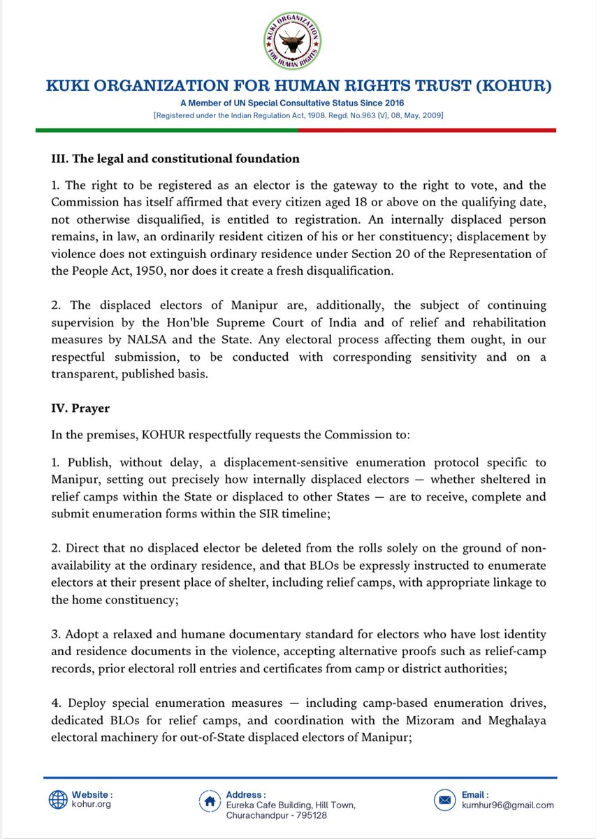 KhongsaiChanu's tweet photo. Manipur : KOHUR has submitted a memorandum to the @ECISVEEP urging safeguards for Internally Displaced Persons (IDPs) in Manipur during the Special Intensive Revision (SIR) of electoral rolls. KOHUR called for displacement-sensitive enumeration, protection against wrongful deletion of voters, special camp-based measures, and clear guidelines to ensure no displaced citizen is disenfranchised.
@GoI_MeitY @HMOIndia @PMOIndia @PIBHomeAffairs @MIB_India @ANI @PIB_India @PIBHindi @CBC_MIB @PTI_News @power_corridors @ndtv @IndiaTodayNE @NELiveTV @adgpi @Northeast_Diary @NENowNews