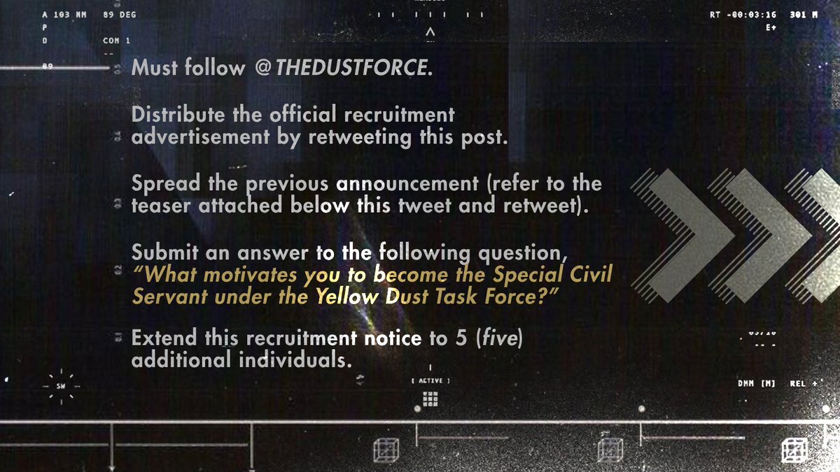 THEDUSTFORCE's tweet photo. ⠀⠀⠀
𝐒𝐩𝐞𝐜𝐢𝐚𝐥 𝐑𝐞𝐜𝐫𝐮𝐢𝐭𝐦𝐞𝐧𝐭

We are hereby opening the advancement of the selection process for the position of Special Civil Servant under the Yellow Dust Task Force. To proceed, all officer candidates are required to fulfil the criteria as listed below :
⠀ https://t.co/Th2t5mj8ek