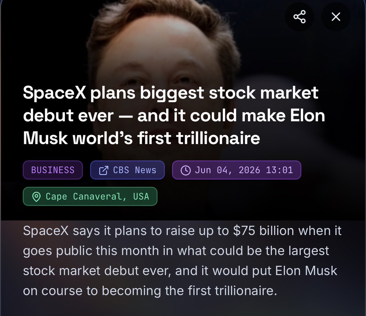 superworldapp's tweet photo. 🚀 SpaceX is about to make history — and it could create the world’s first trillionaire.
SuperWorld News (via CBS News) reports SpaceX plans to raise up to $75 billion in its upcoming IPO, potentially the largest stock market debut ever — putting Elon Musk on track to reach $1 trillion in net worth.
🎯 Target IPO Raise: $75 Billion (+15.5%)
📈 Projected Net Worth Milestone: $1 Trillion (+22%)
🏆 Market Debut Significance: Largest Ever (+5%)
This is exactly what makes SuperWorld News stand out — breaking headlines across every category, global story search, and game theory–powered predictions on what might come next.
👉 https://t.co/qHSu1jWZU9
#SpaceX #ElonMusk #IPO #Business #GameTheory #SuperWorld
https://t.co/aalKixbZba