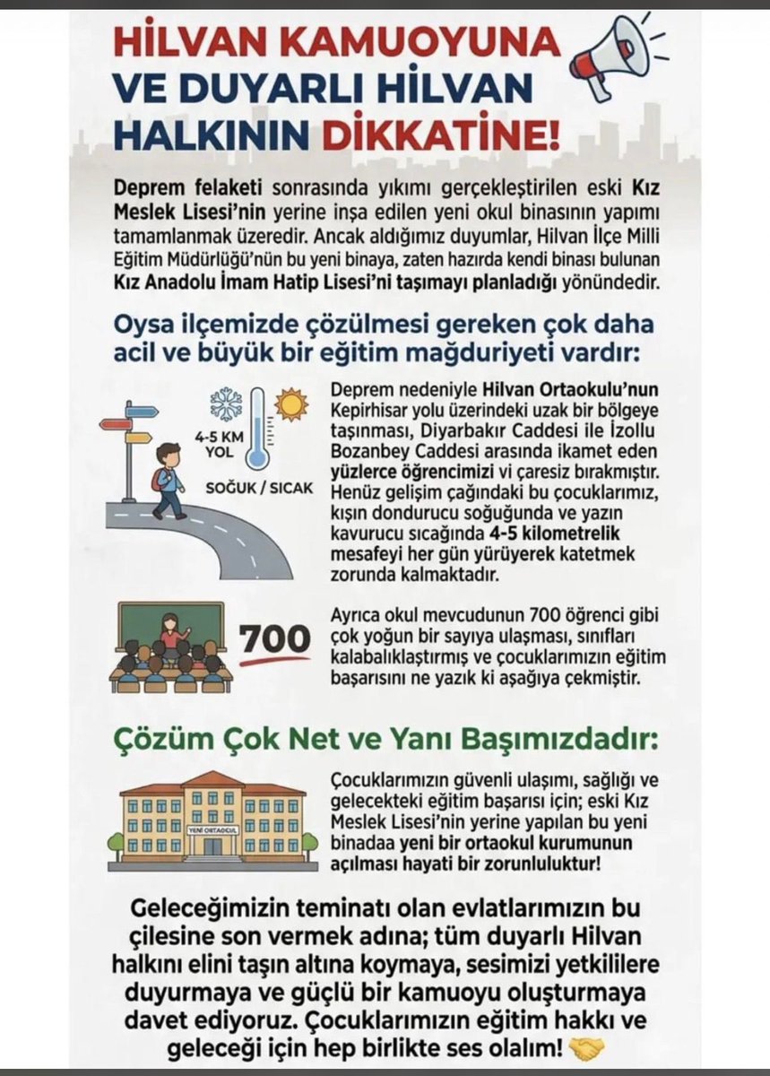 mehmetcelalavci's tweet photo. Kamuoyuna Saygıyla Duyurulur

Deprem sonrası büyük umutlarla yeniden inşa edilen okul binasının, ilçemizde yaşanan gerçek eğitim sorunlarını çözmek yerine farklı bir amaçla kullanılacağı yönündeki iddialar, Hilvan halkında haklı bir endişe yaratmıştır.

Bugün önceliğimiz; kilometrelerce yol yürümek zorunda kalan, kalabalık sınıflarda eğitim görmek zorunda bırakılan ve eğitim hakkına erişimde zorluk yaşayan çocuklarımızın mağduriyetini gidermektir. Eğitim yatırımları, mevcut sorunları derinleştirmek için değil, çözmek için yapılmalıdır.

Hilvan’da yüzlerce ortaokul öğrencisinin ulaşım, güvenlik ve eğitim kalitesi açısından yaşadığı sıkıntılar artık görmezden gelinemez boyuttadır. Yeni yapılan okul binasının, ilçemizin gerçek ihtiyacı doğrultusunda değerlendirilmesi ve çocuklarımızın yararına kullanılmasının en doğru karar olacağına inanıyoruz.

Bizler çocuklarımızın geleceğini siyasi ya da bürokratik hesapların üzerinde görüyoruz. Eğitimde fırsat eşitliğinin sağlanması, öğrencilerimizin güvenli ve sağlıklı koşullarda eğitim alabilmesi için bu konunun takipçisi olmaya devam edeceğiz.

Hilvan’ın geleceği olan evlatlarımızın sesi olmaya, onların haklı taleplerini her platformda dile getirmeye kararlıyız.

Çocuklarımızın eğitimi için, Hilvan’ın geleceği için, yetkilileri sağduyulu ve adil bir karar almaya davet ediyoruz. @Hilvan_MEM @hilvankaymakam 

CHP Hilvan İlçe Başkanı
Mehmet Celal AVCI
