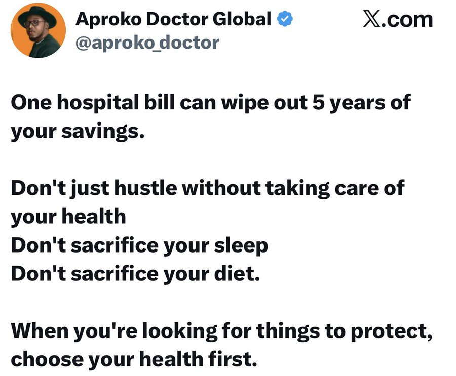 yabaleftonline's tweet photo. “One hospital bill can erase 5 years of savings. Protect your health first.” — Aproko Doctor advices https://t.co/tB6DsqqSA1