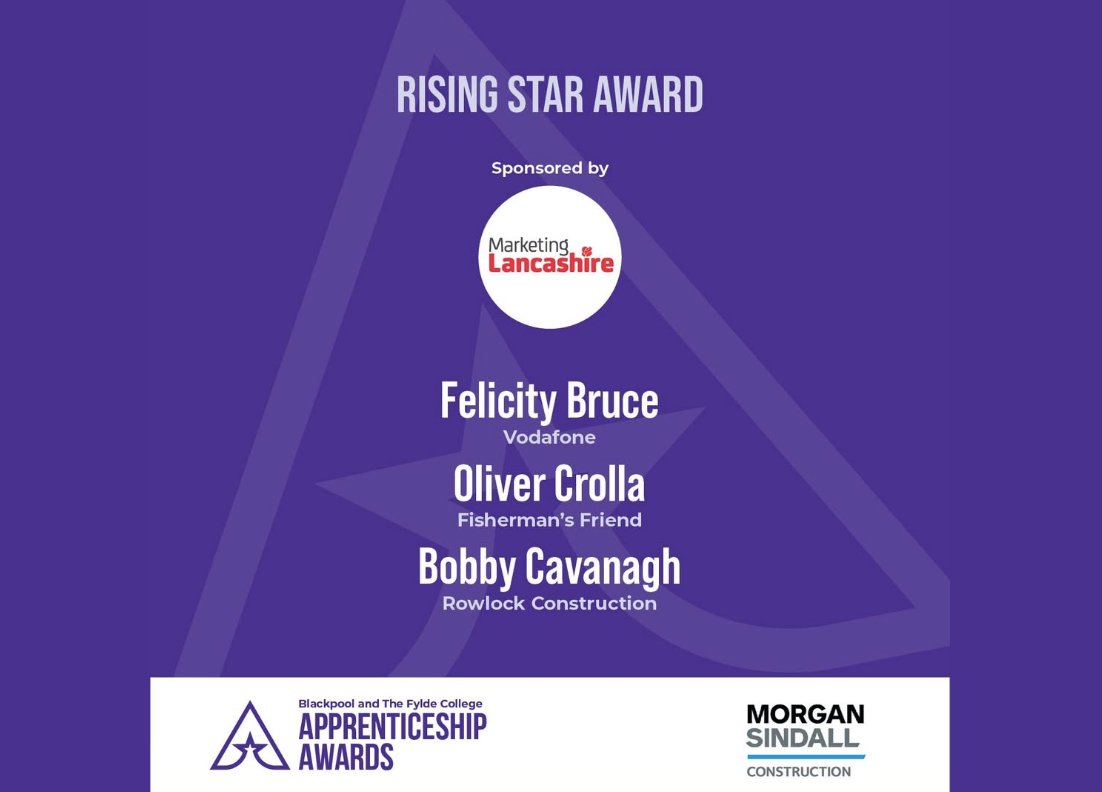 _CONLON_'s tweet photo. Good luck to the Rising Star Award finalists sponsored by @MarketingLancs @b_and_fc Apprenticeship Awards. Showing outstanding potential, energy and ambition and a clear drive to succeed. Congratulations to all finalists👏. Looking forward to presenting your award this evening.🤞 https://t.co/QZ80dp9YGp
