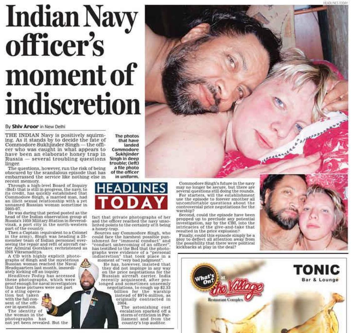 AaradhyaViews's tweet photo. This is how our brave Indian Navy officers defend our country against the enemy?

Commodore Sukhjinder Singh gets honey-trapped by a Russian s£ut, spends one night in bed and suddenly INS Vikramaditya jumps from $974 million to $2.33 BILLION?

A married senior officer selling national security and our money for cheap Russian wh○re.
Disgusting. 
Shameless. 
Traitor in uniform.
This is the standard of our protectors?
Indian Navy has been humiliated forever.