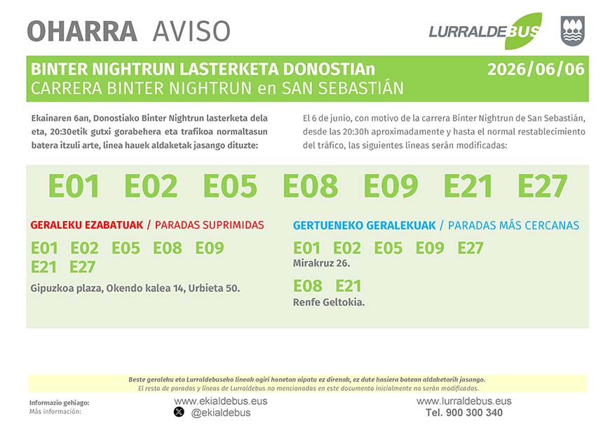 ekialdebus's tweet photo. 🗓️ Ekaina 6 Junio
📍 #Donostia #SanSebastian
📣 #BinterNightRun lasterketa / carrera
🚧 Lineen aldaketak / Modificaciones líneas:
🚌 E01-E02-E05-E08-E09-E21-E27
👉 https://t.co/MuQmHGNsSa
☎️ 900 300 340 https://t.co/F8cyv7rYpB