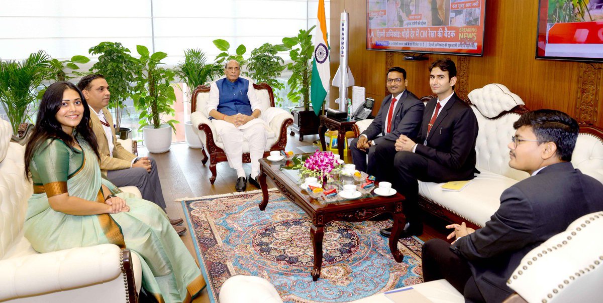 SpokespersonMoD's tweet photo. Four IAS Officer Trainees (2024 Batch), attached to the Ministry of Defence under the Assistant Secretary Programme 2026, called on Raksha Mantri Shri @rajnathsingh in New Delhi on June 04, 2026. He highlighted their vital role in advancing #AtmanirbharBharat and achieving the vision of #ViksitBharat2047, while commending their enthusiasm and dedication.