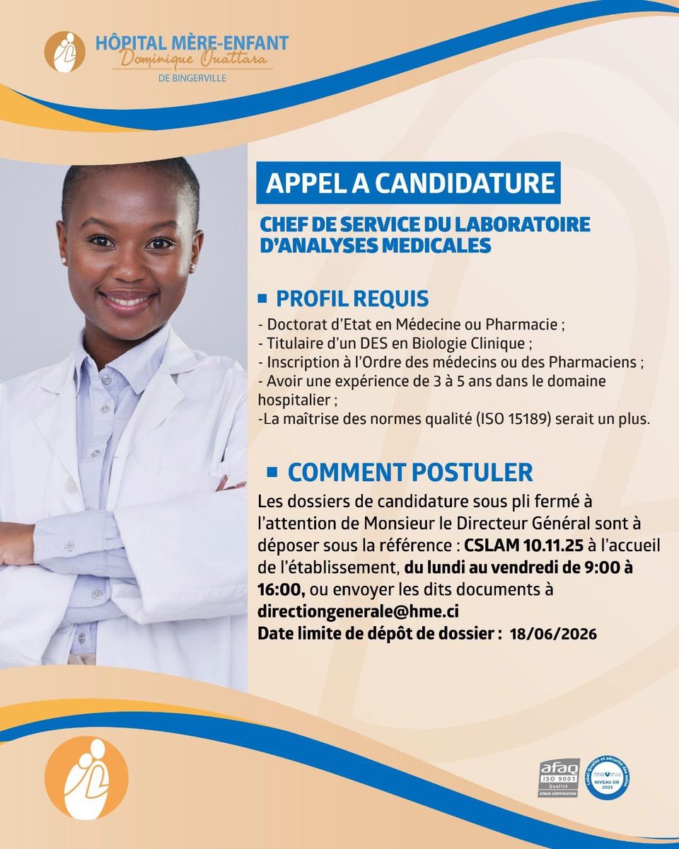 HMEBville's tweet photo. L’Hôpital Mère-Enfant Dominique Ouattara de Bingerville recrute : 

- Chef de service du laboratoire d’analyses médicales
- Surveillant d’unité de soins 

#HME
#recrutement https://t.co/6BhJ7nqx2S