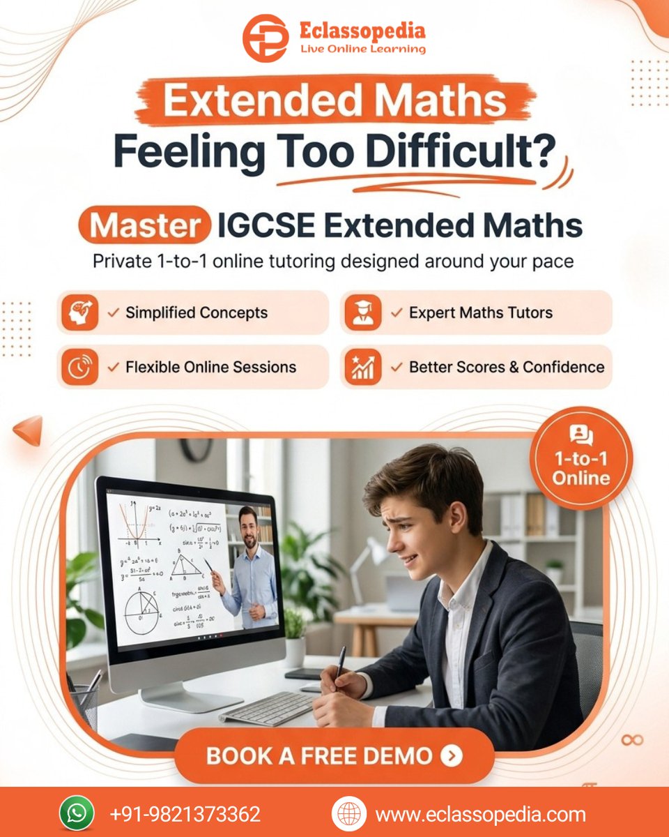 eclassopedia's tweet photo. Extended Maths starting to feel harder than expected? π
Get private 1-to-1 online tutoring for IGCSE Extended Maths and build stronger concepts, confidence, and better results.
Book your FREE Demo today.
#IGCSE #IGCSEMaths #MathTutor #Eclassopedia https://t.co/L9EqbbBNTY