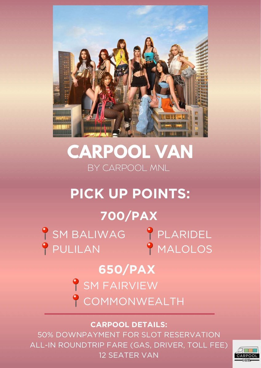tseskadr_'s tweet photo. ‼️LOOKING FOR PASSENGERS‼️

BINI: SIGNALS 2026 WORLD TOUR IN MANILA CARPOOL VAN

June 20-21, 2026 - Mall of Asia Arena

🕙 10am pick up time

RESERVE YOUR SLOTS NOW! ~ 💗

#BINI #BLOOMS #BINI_SIGNALS 
#CarpoolMNL https://t.co/wMgD0vEOCn