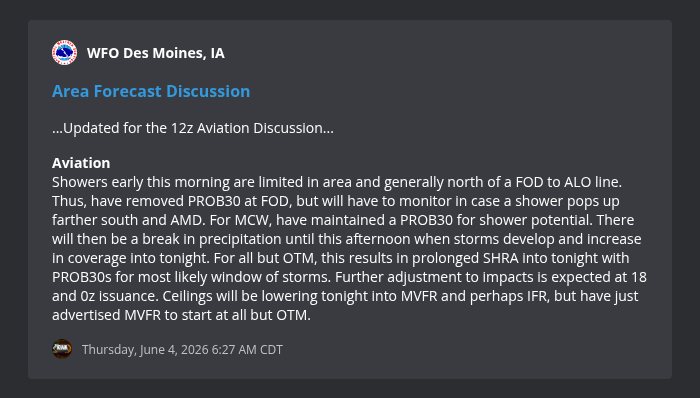 IowaWXNetwork's tweet photo. Area Forecast Discussion from WFO Des Moines, IA @ 6/4/2026 6:27 AM https://t.co/OKEbNBess4 #iawx https://t.co/nPjfNTo1qz