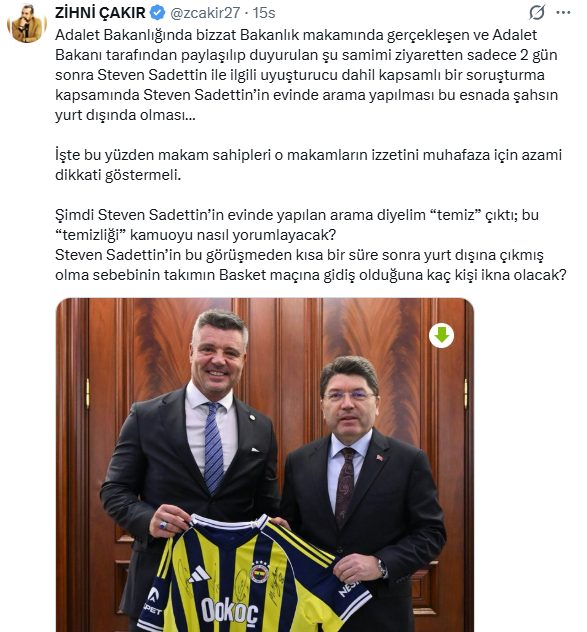 zcakir27's tweet photo. Yılmaz Tunç'un Adalet Bakanı sıfatıyla Steven Sadettin Saran'ı Adalet Bakanlığında ağırladığında, 18 Aralık günü "Steven Sadettin'in yasa dışı bahis sanığı olduğunu" hatırlatıp, Yılmaz Tunç'un gururla yaptığı ziyaret paylaşımını da alıntılayarak, "Makam ve mevki sahipleri bulundukları makamların izzetini muhafaza için azami gayreti göstermeli" diye yazdığım için 19 Aralık 2025 günü gözaltına alınıp hukuksuz bir şekilde tamamen talimata dayalı tutuklanmıştım.
Şimdi o yasa dışı bahis davası sanığı Steven Sadettin Saran 2 yıl 6 ay hapis cezasına çarptırılmış. 
Benim yazdığımın neresinde yanlışlık vardı da çok değil o iyi niyetli uyarıyı yapmamdan 1-2 gün sonra sonra uyuşturucu operasyonunda gözaltına alınan ve hakkında adli kontrol kararı verilerek serbest kalan bir kişiyi makamda ağırlayan birinin talimatıyla tutuklandım?