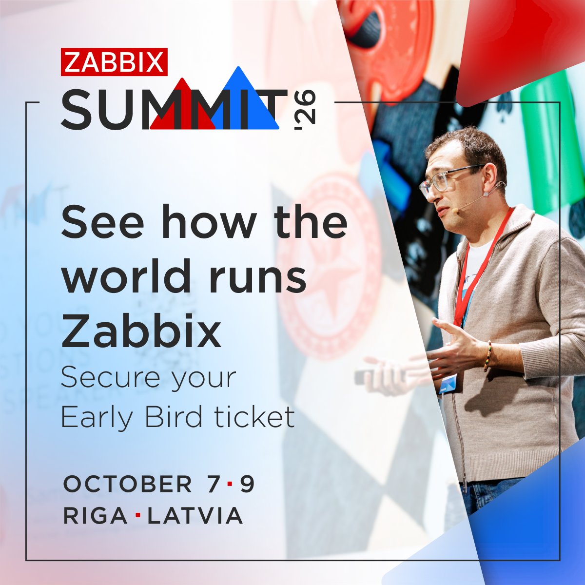 zabbix's tweet photo. Up to 35 sessions. Two conference days. Zabbix 8.0 LTS, real migration stories, AIOps, and yes, monitoring sound from space – all that at #ZabbixSummit 2026 on October 7-9 in Riga, Latvia.

Early Bird closes July 29 👉 https://t.co/9a3HYEFuPs https://t.co/RoHrYkxQry