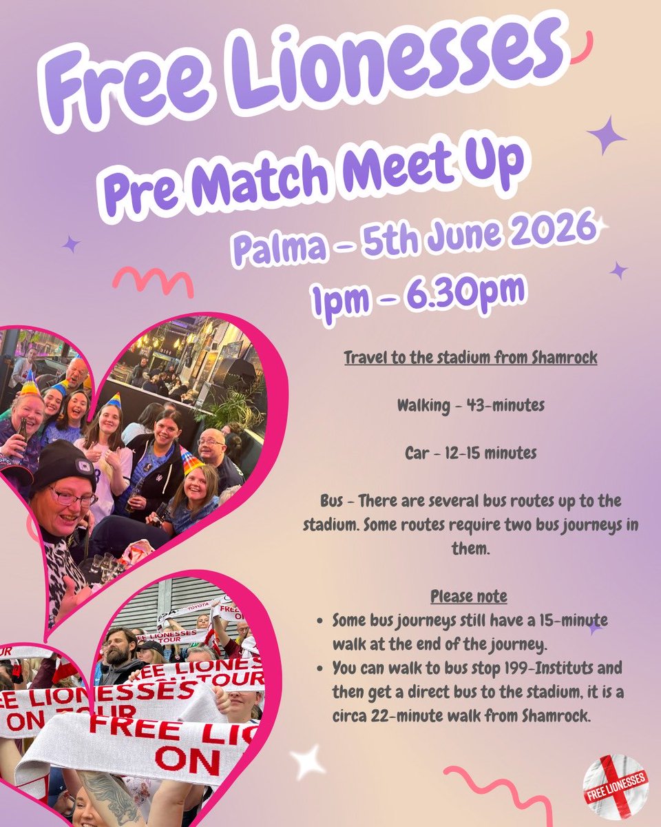 FreeLionesses's tweet photo. Pre match meet up - Palma 🇪🇸 

Thank you for your patience whilst we sorted the details out. We are delighted to be working with Shamrock Palma ahead of the Spain v England game on the 5th June.

Any questions please do ask. 

#lionesses #freelionesses #ontour #england https://t.co/ggUlLo4HQr