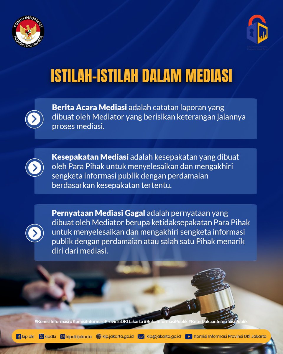kipdki's tweet photo. Yuk kenali berbagai istilah penting dalam mediasi sengketa informasi publik agar semakin memahami proses penyelesaiannya secara damai, efektif, dan transparan. ⚖️🤝

#KomisiInformasiProvinsiDKIJakarta #BukaInformasiPublik #HakAndaUntukTahu #SengketaInformasi #mediasi https://t.co/sdt6SUG22p