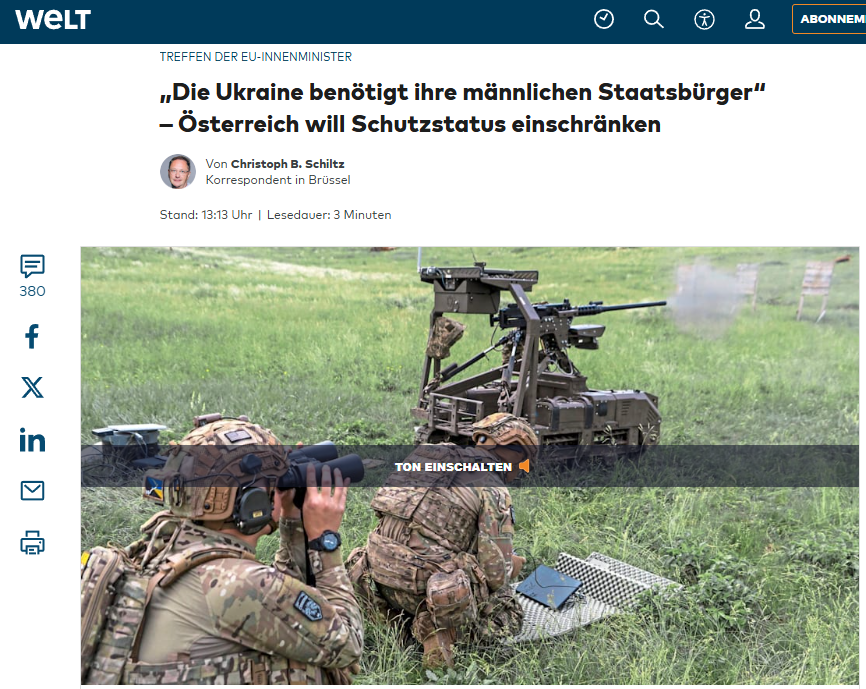 HavryshkoMarta's tweet photo. Austria is pushing to stop granting asylum to Ukrainian men 23-60 starting in March 2027. 
"Ukraine itself needs its male citizens of military age,"
said Interior Minister Gerhard Karner.
----
Indeed, Ukraine needs its men — not to rebuild the country, but to feed them into the meat grinder against their will, sacrificing them in NATO’s proxy war with Russia, while leaving their children burdened with debts owed to Europe for generations to come.