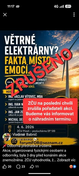 SOS_projevu's tweet photo. Nespokojení občané mohou každé 4 roky vyměnit volbami vládu, nicméně výměna aktivistických soudců, kteří rozhodují podle svých politických sympatií, nebo woke vedení univerzit potrvá déle.
Vedení Západočeské univerzity má asi problém se svobodou projevu, když 3 dny před konáním zrušila organizátorům již potvrzenou odbornou akci k větrným elektrárnám. Údajně proto, že na ni měli přijít mj. jedna senátorka a jeden poslanec.
Jen to potvrzuje naše loňské varování - klima, Green deal a větrníkové farmy se staly dalším cenzurním tématem, kde je skoro nemožná férová diskuse, protože jeden názor je prosazován, zatímco druhý potlačován. A vedle médií se na tom bohužel podílejí i vysoké školy.
https://t.co/pYqJ8I7Zh4