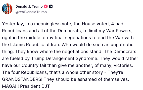 FoxNews's tweet photo. BREAKING: "Who would do such an unpatriotic thing?"

President Trump blasting Democrats and Republicans in the House who voted to limit his war powers on Iran, saying the lawmakers are undermining the U.S. at a critical moment.

"They know where the negotiations stand. The Democrats are fueled by Trump Derangement Syndrome."