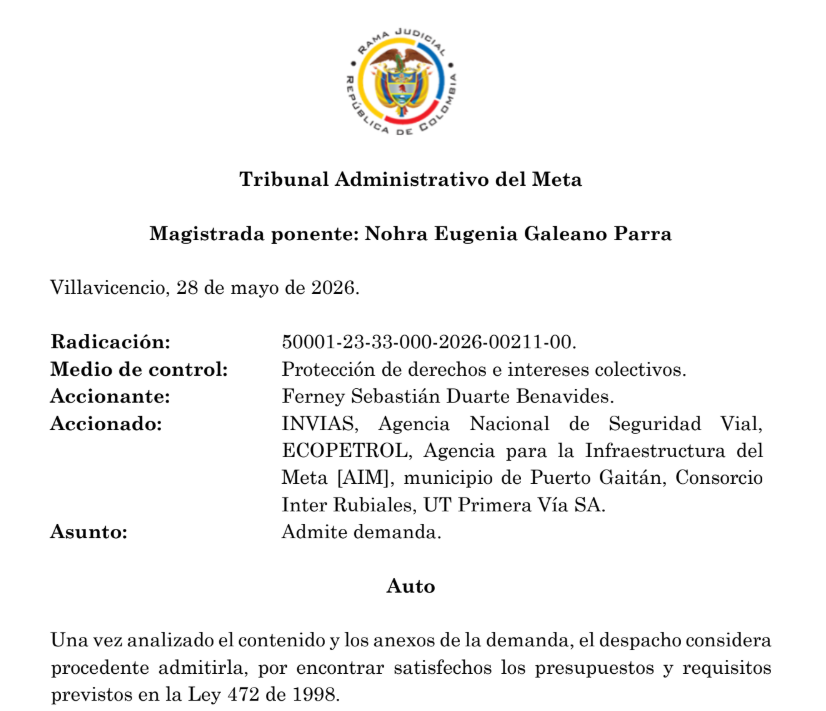 TADMETA's tweet photo. @TADMETA Publica Auto que admite medio de control de ACCIÓN POPULAR formulada por FERNEY SEBASTIÁN DUARTE BENAVIDES contra INVÍAS, AGENCIA NACIONAL DE SEGURIDAD VIAL, ECOPETROL y OTROS. Para más información visita el enlace https://t.co/Cey5JxrOKY https://t.co/7hJO2ZCxBe
