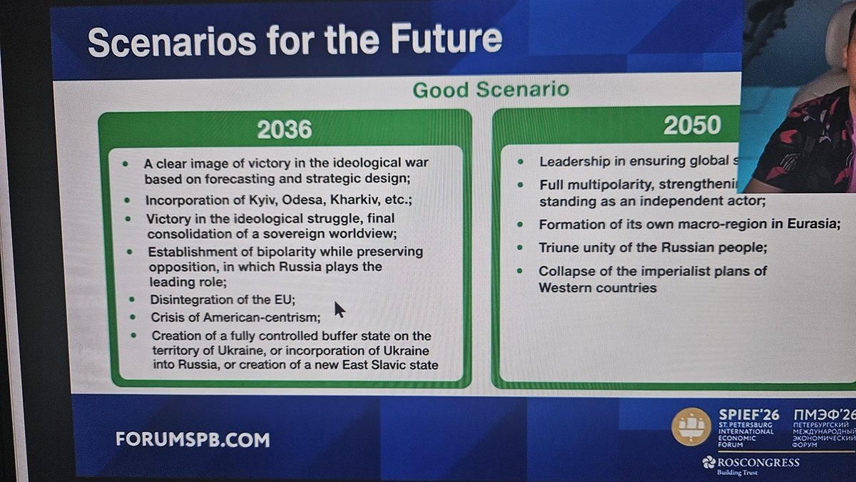 ETRNITYYY's tweet photo. In case you ever wonder who is the enemy.. this is an 'optimistic' scenario planning for Russia presented at their economic forum in St Petersburg this week.
"EU DESINTEGRATION"
"CRISIS OF AMERICAN-CENTRISM" @CaptainDeny #Russia #forumspb https://t.co/J92pIr2MUp