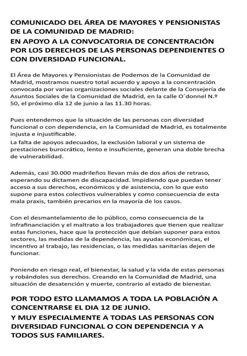 Podemos_CMad's tweet photo. Miles de personas con discapacidad y dependencia siguen esperando años para que se reconozcan sus derechos. Basta de abandono.

📅 12 de junio
🕦 11:30 h
📍 C/ O'Donnell, 50
Allí estaremos.
#Discapacidad #Dependencia https://t.co/CwISgMT57B