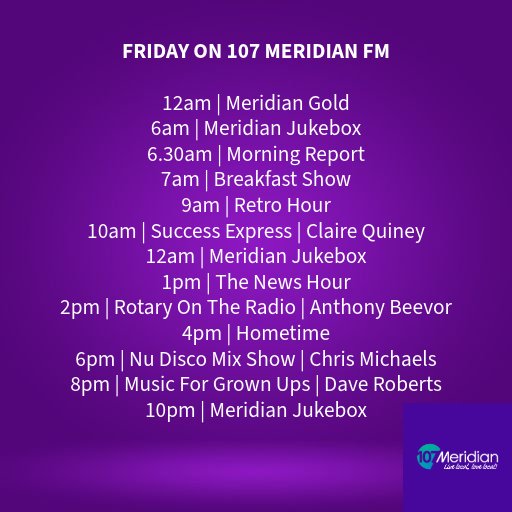 MeridianFM's tweet photo. 📆 F R I D A Y  5️⃣  J U N E  2 0 2 6
📻 107 Meridian FM Schedule https://t.co/tnOZeduw1p