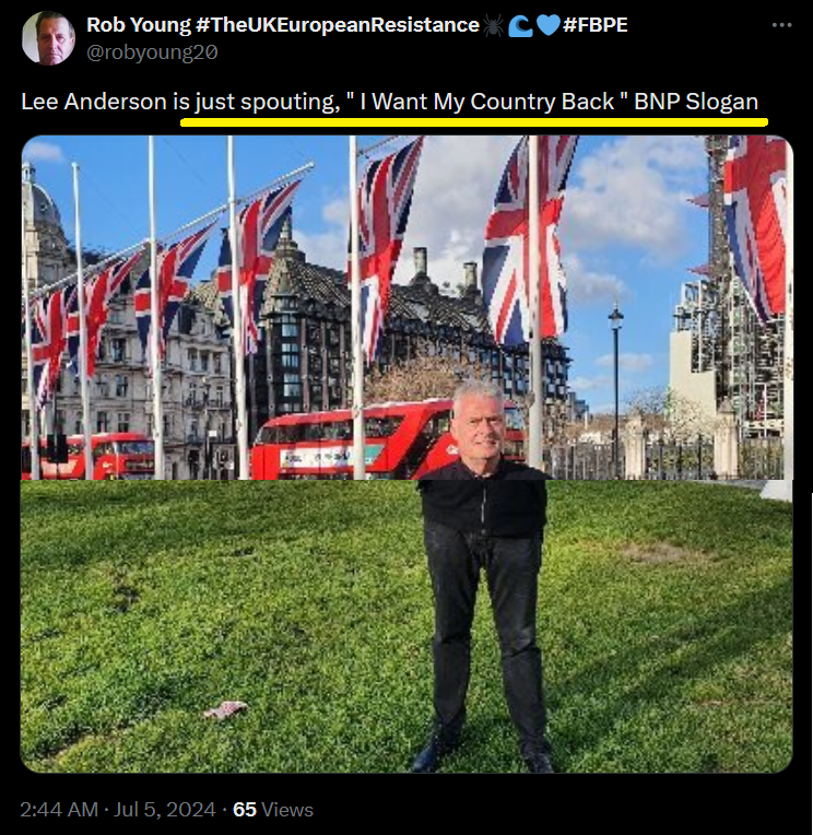 PCSoblahdeehell's tweet photo. @LeeAndersonMP_ It's a *premeditated call to violence*: vs ethnic communities that fascist twerps &amp; their idiot mugs, who yap about "getting our country back"(*) portray as an all-the-same evil mass, vs the police, &amp; vs. society.

(*): those same cowardly fascist inciters took it away from them! https://t.co/n84RAtiVkz