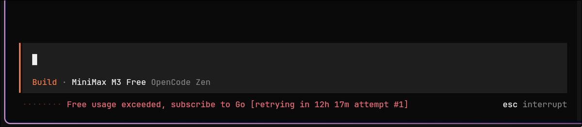 Abhishek_cpp's tweet photo. Since when does @opencode has a limit on the free tier?? https://t.co/CMwX8m3ojY