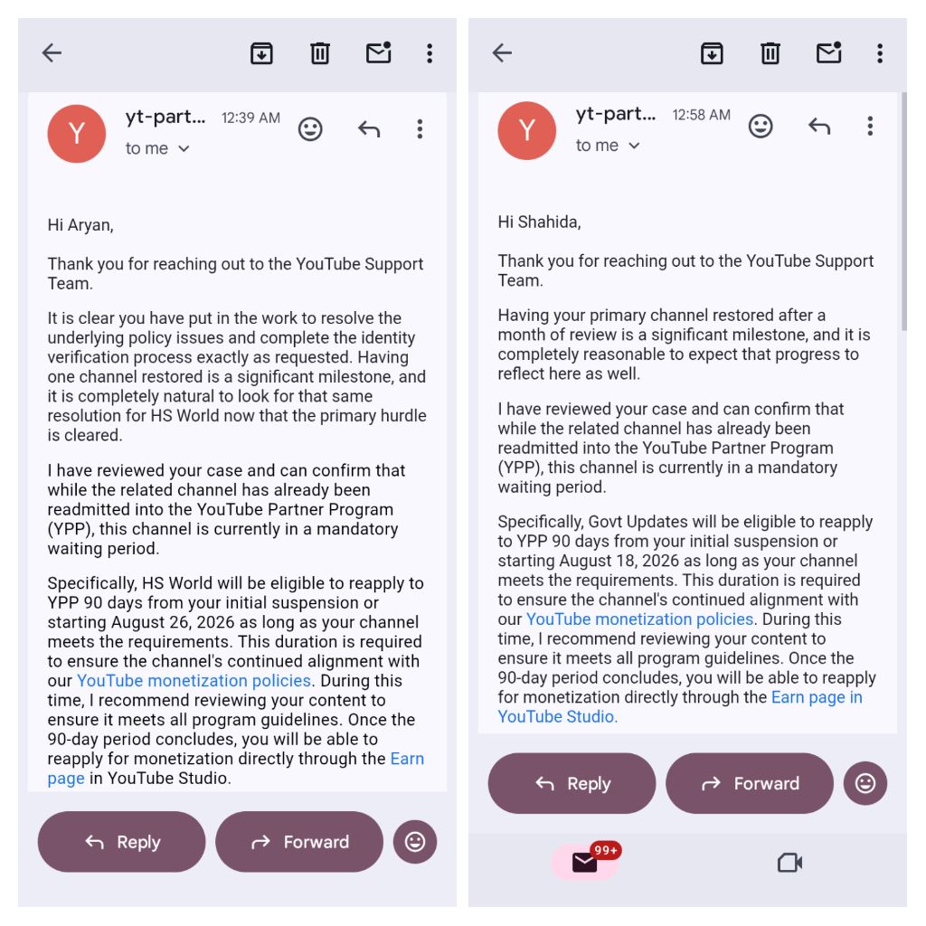 srccooking's tweet photo. @TeamYouTube Already verified both my channels ✅ &amp; received email from YouTube support team that they reviewed my case and confirmed that related channel has already been admitted to YPP 🎉 

So can you now Reinstate monetization on both channels
@TeamYouTube https://t.co/GwIisyKiUC