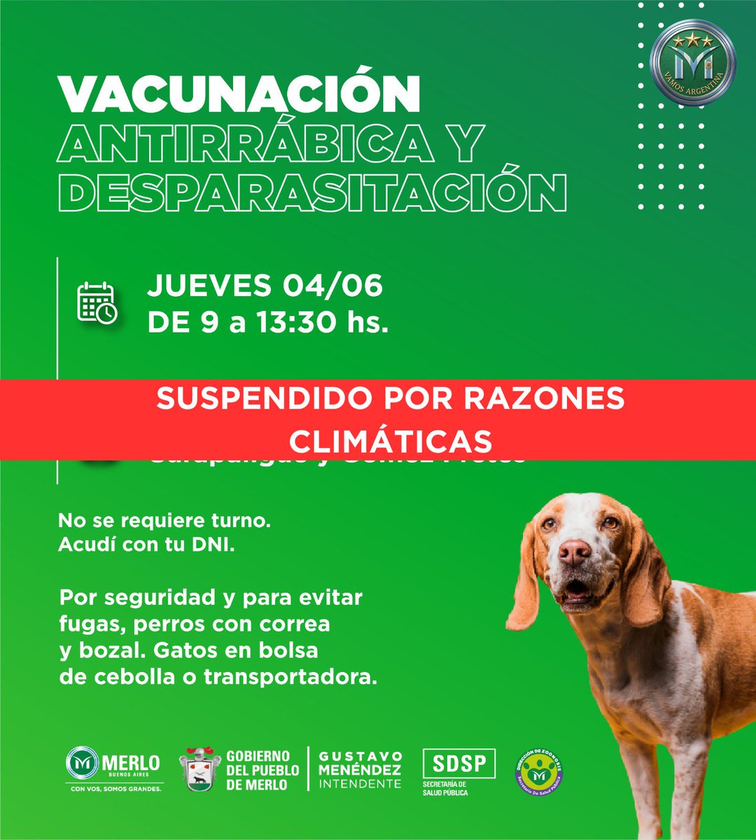 MerloGob's tweet photo. Informamos que la jornada de vacunación antirrábica prevista para el día de la fecha en Curapaligüe y Gómez Fretes ha sido suspendia por razones climáticas https://t.co/8ORuInKNet