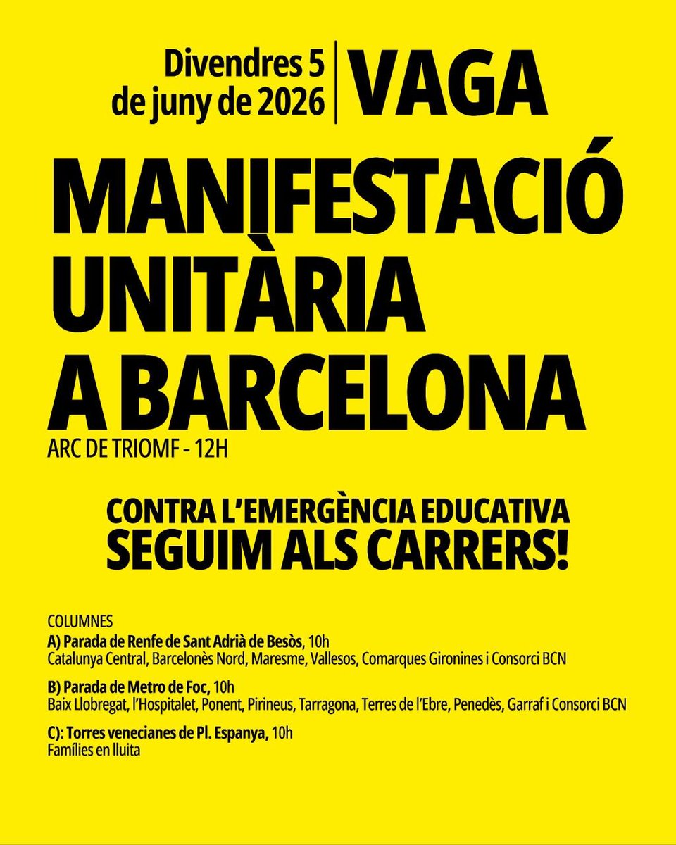 cgtense's tweet photo. 📢 Demà, tothom a la vaga! 
⚫🔴🟡🔥
📌Manifestació Unitària a Barcelona
🕛12.00 hores
📍Arc de Triomf 
#VagaEducació https://t.co/L1ZPMcjjh5