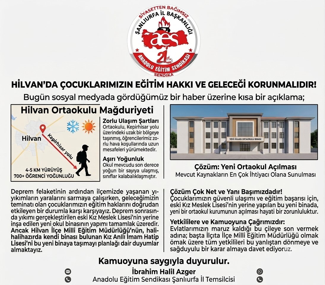 azger_halil's tweet photo. HİLVAN'DA ÇOCUKLARIMIZIN EĞİTİM HAKKI VE GELECEĞİ KORUNMALIDIR!
Bugün sosyal medyada gördüğümüz bir haber üzerine kısa bir açıklama;

Deprem felaketinin ardından ilçemizde yaşanan yıkımların yaralarını sarmaya çalışırken, geleceğimizin teminatı olan çocuklarımızın eğitim haklarını doğrudan etkileyen, yanlış bir planlama kararıyla karşı karşıya kalmış bulunmaktayız.

Deprem sonrasında yıkımı gerçekleştirilen eski Kız Meslek Lisesi’nin yerine inşa edilen yeni okul binasının yapımı tamamlanmak üzeredir. Ancak Hilvan İlçe Milli Eğitim Müdürlüğü’nün, halihazırda kendi binası bulunan Kız Anadolu İmam Hatip Lisesi’ni bu yeni binaya taşımayı planladığına dair duyumlar almaktayız. Mevcut binası olan bir okulun taşınması planlanırken, ilçemizde çözülmesi gereken çok daha acil, hayati ve büyük bir eğitim mağduriyeti görmezden gelinmektedir.

Hilvan Ortaokulu Öğrencileri Mağdur Durumdadır!
Deprem nedeniyle Hilvan Ortaokulu, Kepirhisar yolu üzerindeki uzak bir bölgeye taşınmıştır. Bu durum, Diyarbakır Caddesi ile İzollu Bozanbey Caddesi arasında ikamet eden yüzlerce öğrencimizi ve ailemizi çaresiz bırakmıştır:

Zorlu Ulaşım Şartları: Henüz gelişim çağındaki küçük çocuklarımız, kışın dondurucu soğuğunda, yazın ise kavurucu sıcağında her gün 4-5 kilometrelik mesafeyi yürüyerek katetmek zorunda kalmaktadır.

Aşırı Yoğunluk ve Kontenjan Sıkıntısı: Okul mevcudunun 700 öğrenci gibi son derece yoğun bir sayıya ulaşması, sınıfları aşırı kalabalıklaştırmış, eğitim kalitesini düşürmüş ve çocuklarımızın başarısını ne yazık ki aşağıya çekmiştir.

Çözüm Çok Net ve Yanı Başımızdadır!
Çocuklarımızın güvenli ulaşımı, sağlığı, can güvenliği ve gelecekteki eğitim başarısı için atılması gereken adım bellidir: Eski Kız Meslek Lisesi’nin yerine yapılan bu yeni binada, yeni bir ortaokul kurumunun açılması hayati bir zorunluluktur.

Mevcut kaynakların ve yeni binanın, en çok ihtiyacı olan ve mağduriyet yaşayan Hilvan Ortaokulu bölgesindeki çocukların hizmetine sunulması hem adaletin hem de mantığın gereğidir.

Yetkililere ve Kamuoyuna Çağrımızdır:
Evlatlarımızın her gün kilometrelerce yol yürüyerek maruz kaldığı bu çileye son vermek adına; başta İlçe Milli Eğitim Müdürlüğü olmak üzere tüm yetkilileri bu yanlıştan dönmeye ve sağduyulu bir karar almaya davet ediyoruz.

Tüm duyarlı Hilvan halkını, sivil toplum kuruluşlarını ve siyasi temsilcileri elimizi taşın altına koymaya, sesimizi yetkililere duyurmaya ve çocuklarımızın eğitim hakkı için tek ses olmaya çağırıyoruz.

Çocuklarımızın eğitimi, uzak yollarda feda edilemeyecek kadar kıymetlidir!

Kamuoyuna saygıyla duyurulur.

İbrahim Halil azger 
Anadolu Eğitim Sendikası Şanlıurfa İl Temsilcisi
@alper_ogretici @doanylm94466224 @timuryilmaz76 @musacinartas66 @anadoluaes @sanliurfaaes @CosgunMehmetali @habervebilgicin @kadem93 @tcmeb