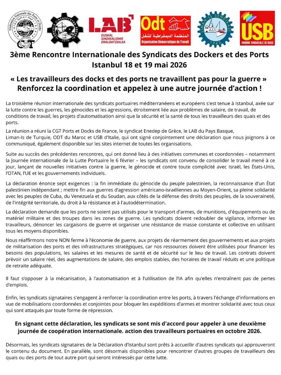 Campagnebds's tweet photo. La Campagne BDS France salue et soutient solennellement l'engagement des syndicats des dockers des ports Euro-Méditérannéens. 1/4 https://t.co/9mPnnNZN3Q