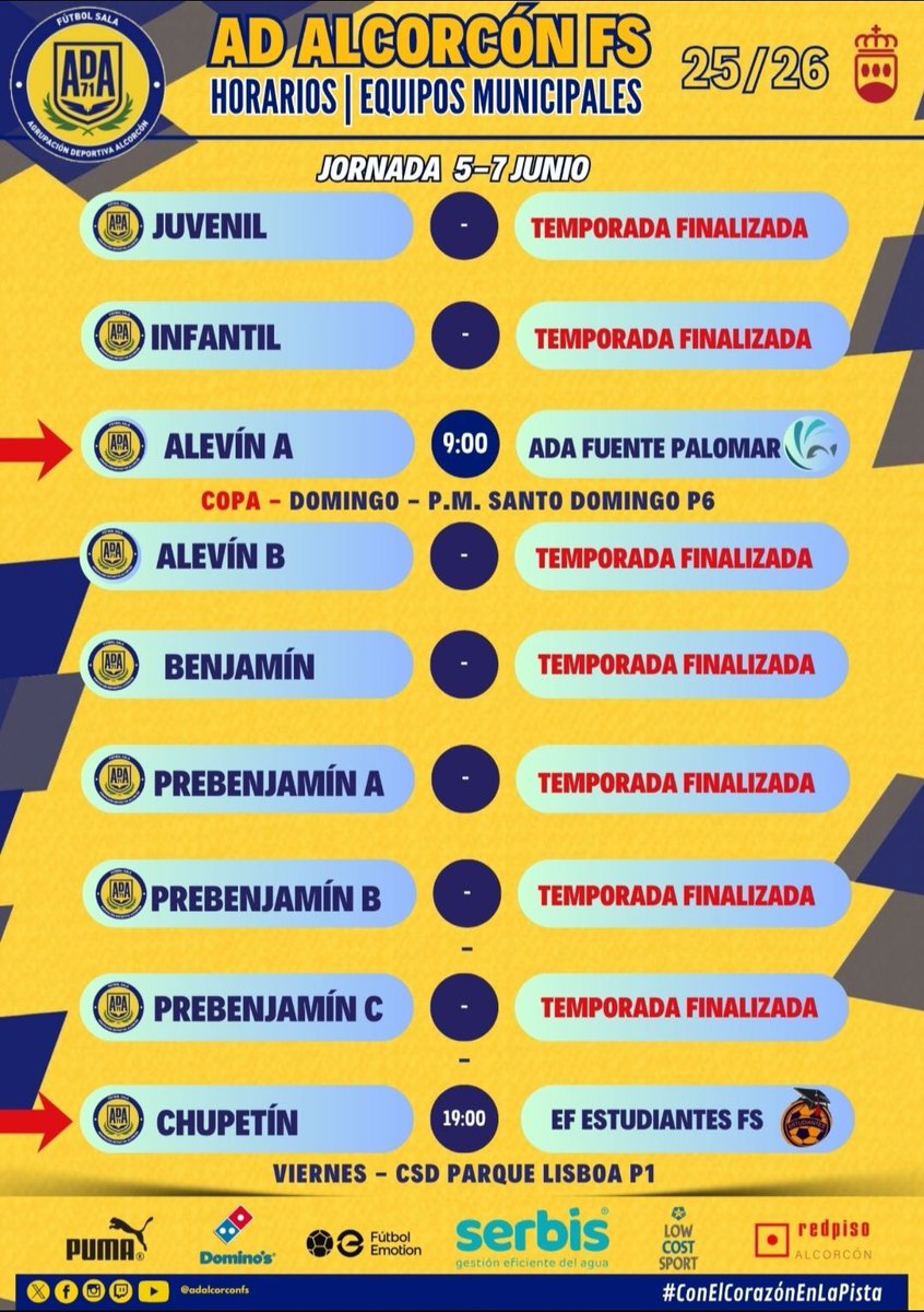 ADAlcorconFS's tweet photo. | HORARIOS JORNADA MUNICIPALES |

Tan solo 2 partidos para los equipos municipales de la #FamiliaAmarilla . 

El chupetin afronta su último partido de la temporada. Mientras que el alevín A buscará pasar de ronda en copa.

#123Alcorcón 
#ConelCorazónenlaPista💛 https://t.co/Cb0KsFoUlN