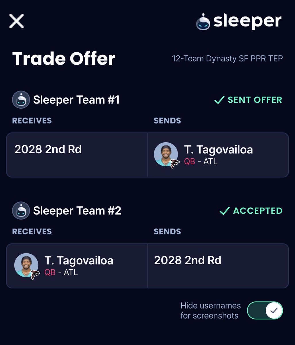 JRDynastyWHSE's tweet photo. Which side are you taking? Taking a chance on Tua being the starter in Atlanta or getting off of Tua for this price #DynastyFF #FantasyFootball https://t.co/cK2Y5Q79Ud