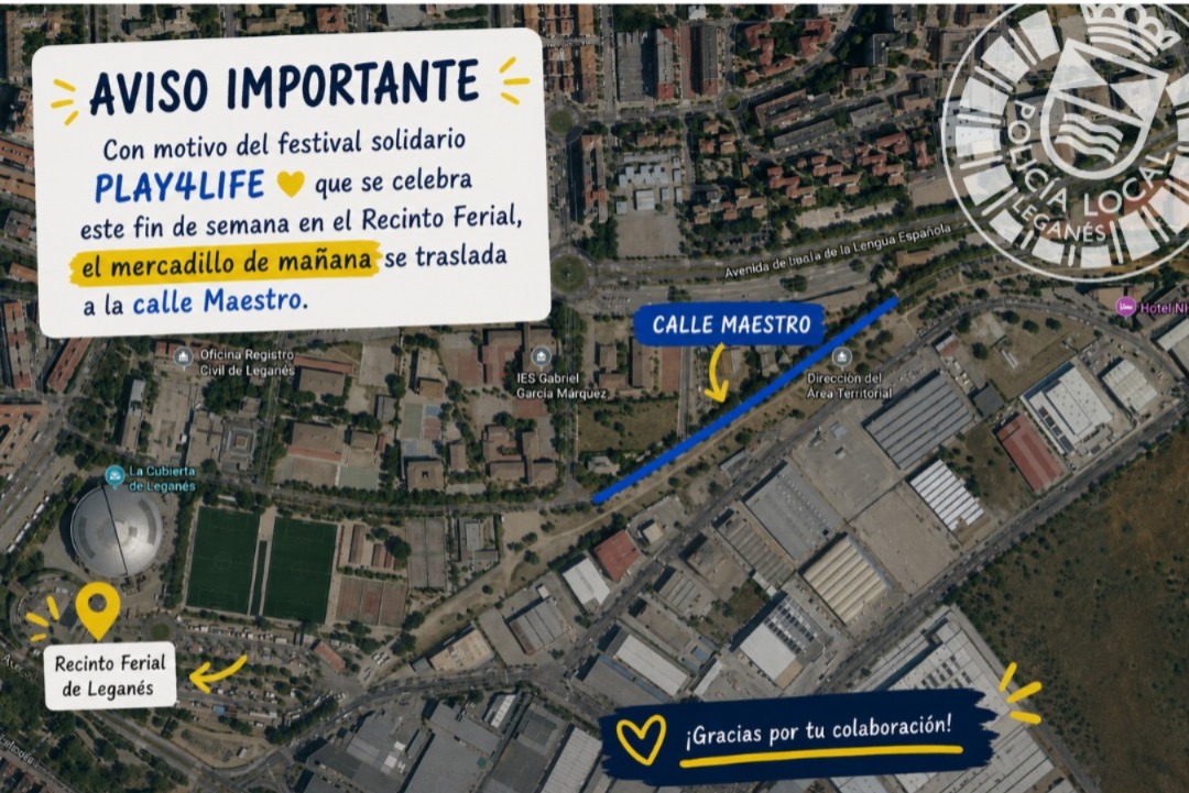 policia_leganes's tweet photo. 🚔📢 Mañana el mercadillo cambia de ubicación.

🎶 Con motivo del festival solidario #Play4Life, se traslada a la 📍Calle Maestro en su horario habitual.

Gracias por vuestra colaboración. 🤝
#PolicíaLocaldeLeganés https://t.co/9rJNkZ7VvR