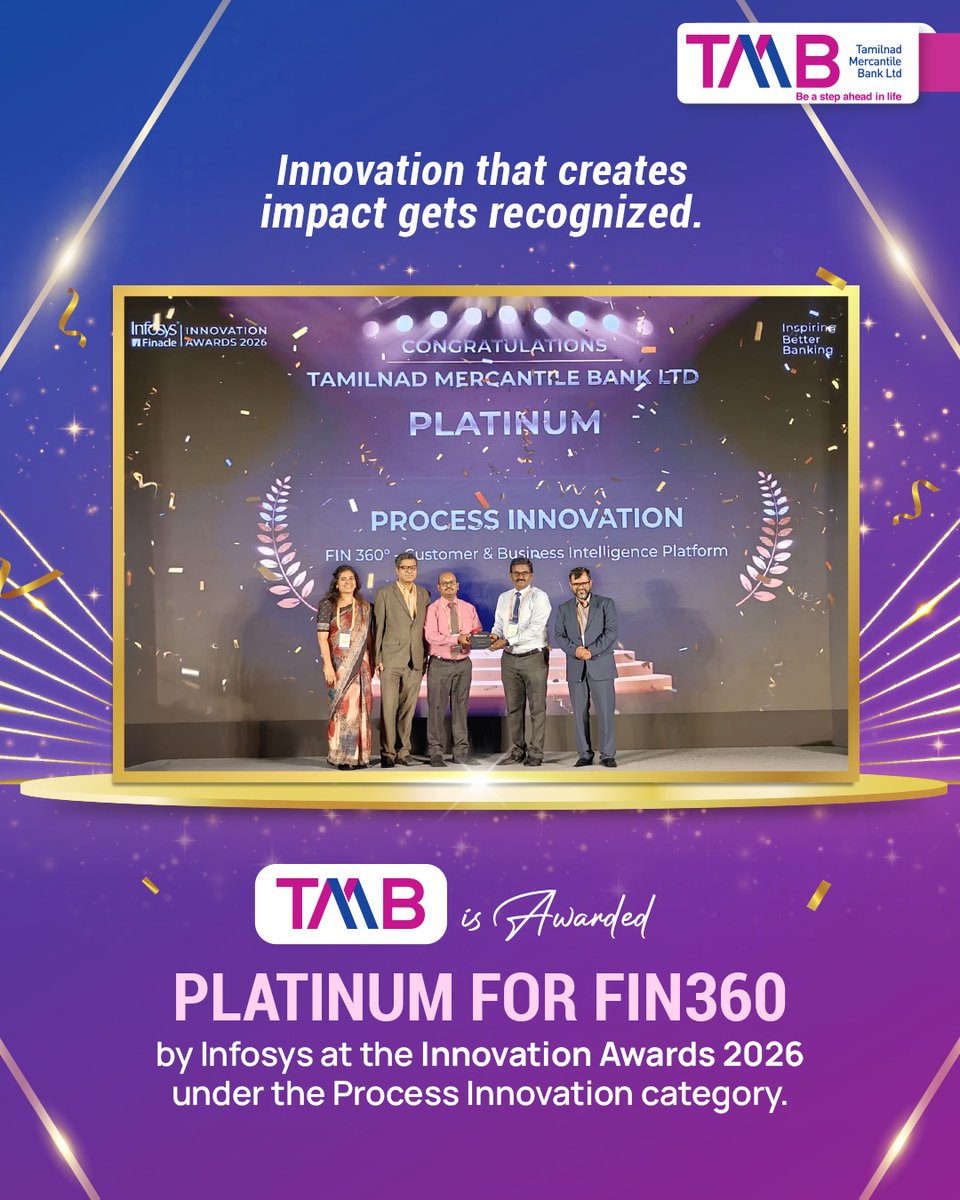 TMBank_Ltd's tweet photo. Proud moments are built on continuous innovation and a commitment to doing things better.
Honoured to receive the Platinum Award for Fin360 Customer & Business Intelligence Platform under the Process Innovation category.
#TamilnadMercantileBank #FIN360 #InfosysInnovationAwards https://t.co/2HXJgOpnAL