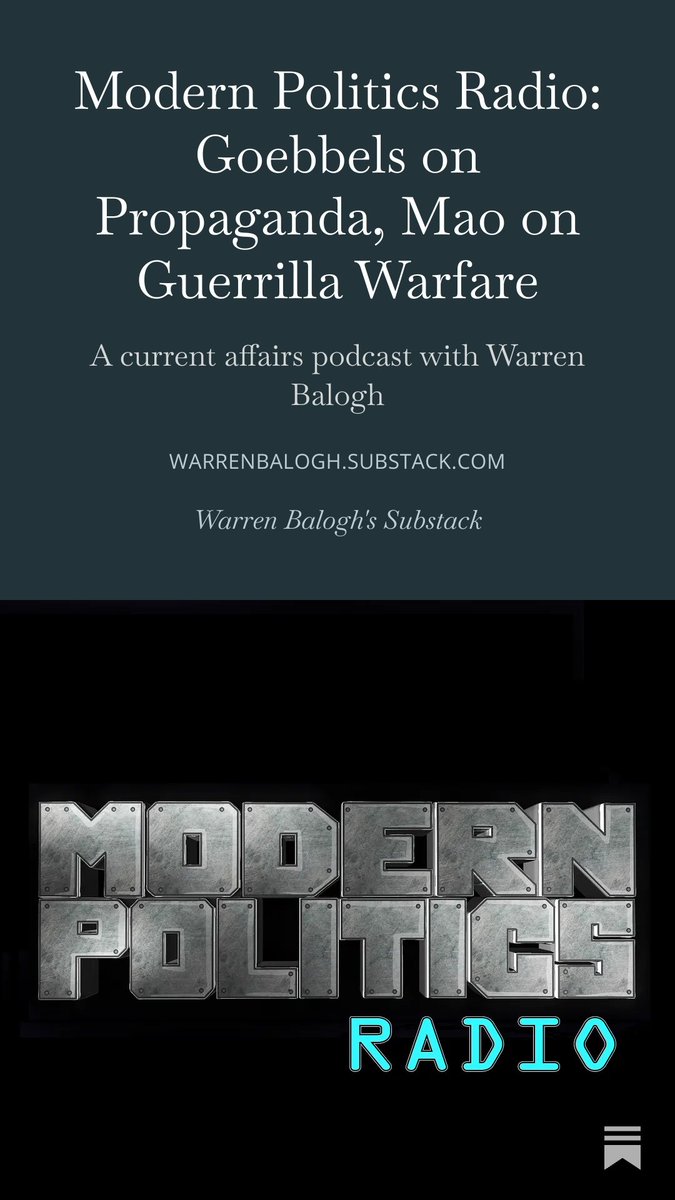 Ahab4Eva's tweet photo. The newest episode of MODERN POLITICS RADIO is now available to all paid subscribers to my Substack!  

With Goebbels and Mao on propaganda and guerrilla warfare, respectively.  (Link in reply.) https://t.co/lD9HTE5Qxf