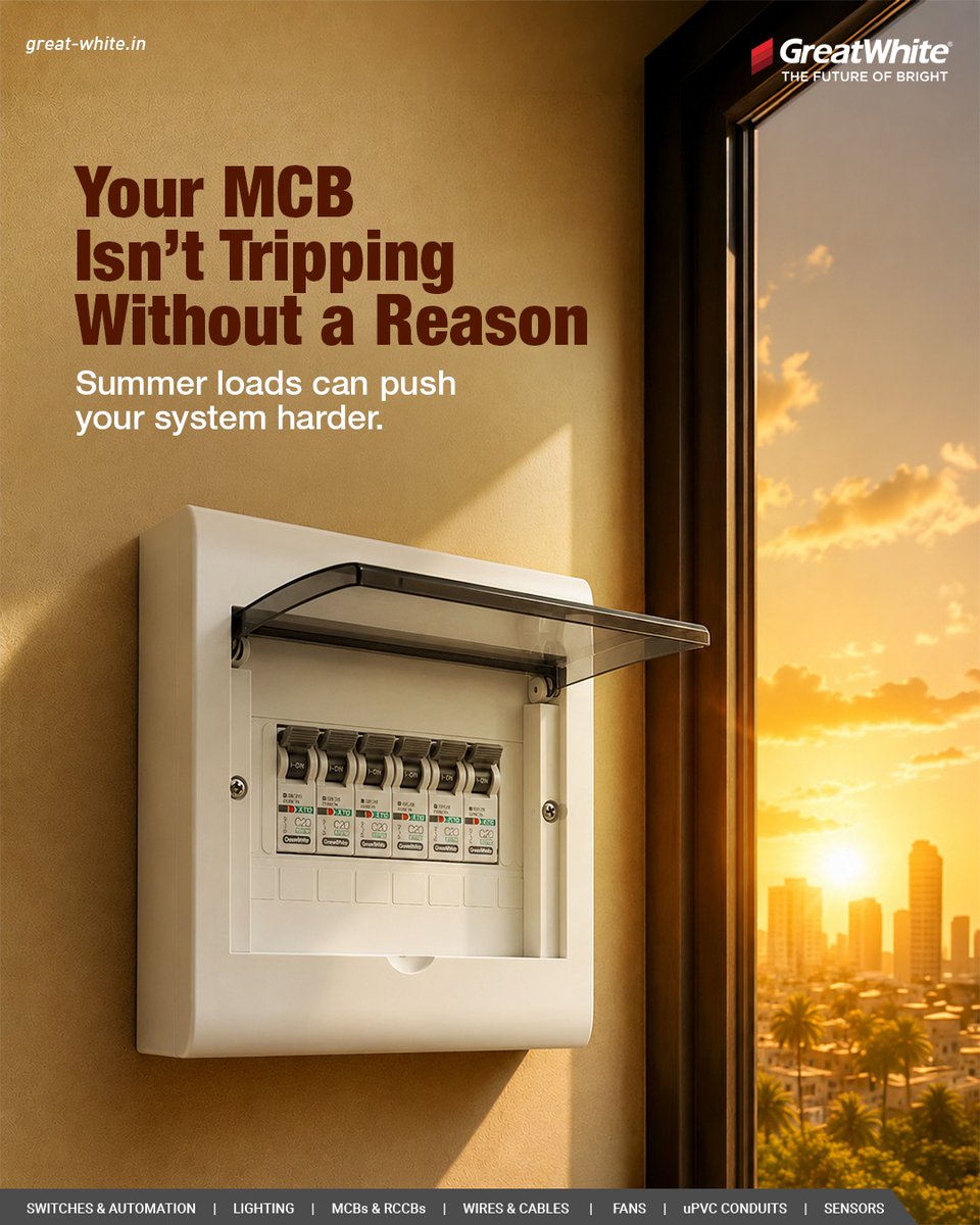 GreatWhiteIndia's tweet photo. If your MCB keeps tripping every summer, it’s trying to tell you something.
High temperatures and increased appliance usage can put serious pressure on your electrical system.
➡️ Read more on our blog: https://t.co/d11ppHYOsH
#GreatWhiteElectricals #GoForGreat #MCB https://t.co/DdIzGWuTnx