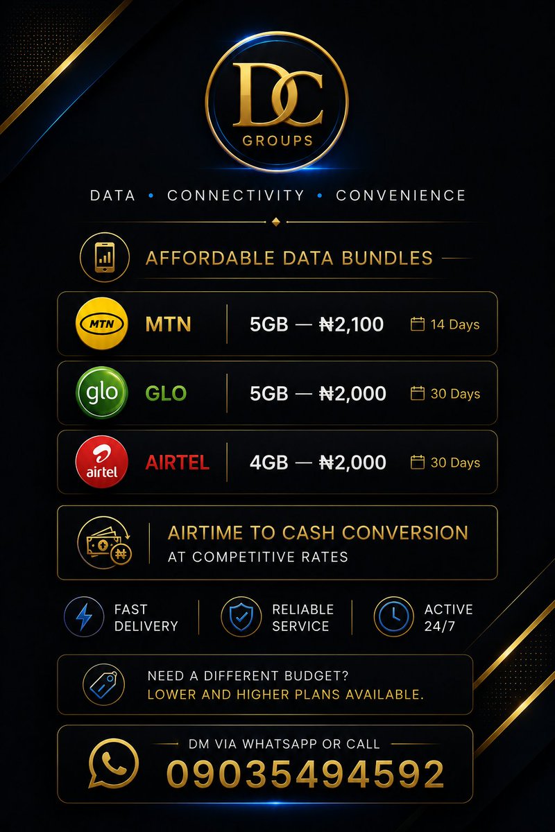 MDcwayne's tweet photo. π± Affordable Data Bundles
πΈ Airtime to Cash Conversion
β‘ Fast Delivery
π‘ Reliable Service
Stay connected for a discounted price.
DM via WhatsApp or Call: π 09035494592
#DCGroups https://t.co/Ejv1ZWPd6J
