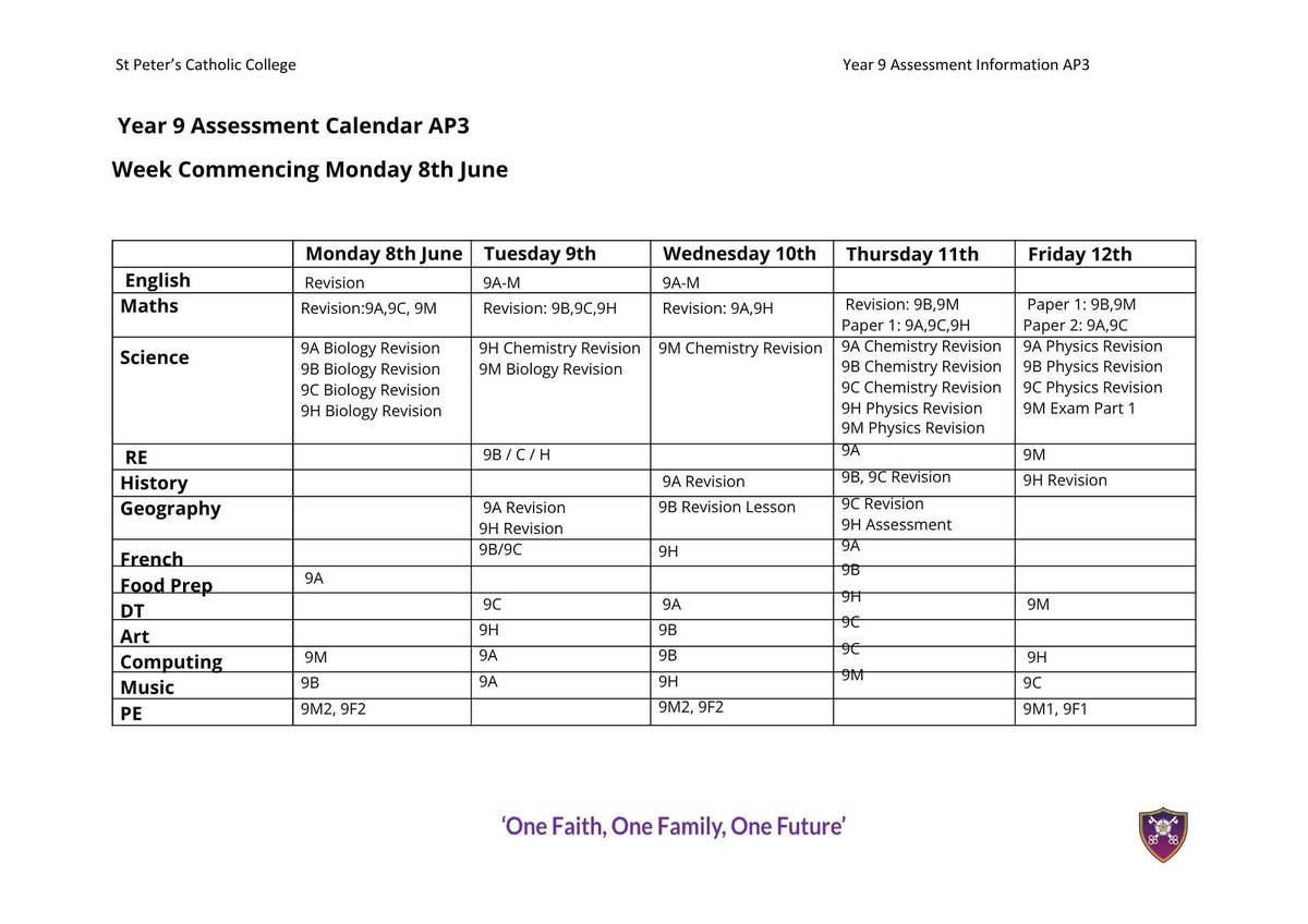 StPetersCC's tweet photo. 📚 Y7 &amp; Y9 Assessments Week – Starting Next Week! 📚

Next week marks the start of Year 7 &amp; Year 9 AP3 assessments. These will begin on Monday 8th June and will run for two weeks. https://t.co/QK6MTaQUia