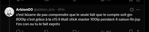 weakfailure's tweet photo. @albion_slm @winwott__ @paraabhops @yaraeshi j'ai hit gm en s10 et chall en s11 who are u lv tu parles sans rien connaitre au jeu t'appelles la s15 une saison inflated alors que c'est pas du tout le cas , tu demandes un opgg sur un post ragebait sans parler de ce tweet réveille toi https://t.co/DIbExVLhn8