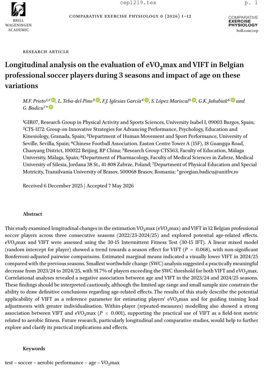 Mfalpri's tweet photo. 🚨Nuevo Paper 🚨
✅ Importancia de la estabilidad de jugadores y staff 
✅Evolución del VO2max estimado durante 3 temporadas 
✅ Potencial del VIFT como parámetro de referencia para estimar el eVO2max  y ajustar el entrenamiento individual.
📲https://t.co/7VRma5FZag https://t.co/qu2BHaUcfG